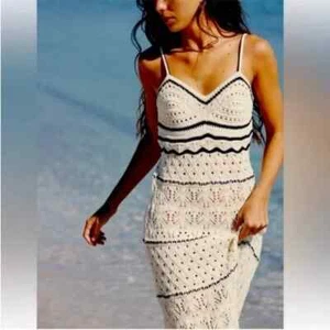 Neu mit Etikett oliv + eiche Boho kontrastierend Sweatheart Pointelle Häkel Strick Maxikleid XS - Bild 1 von 9