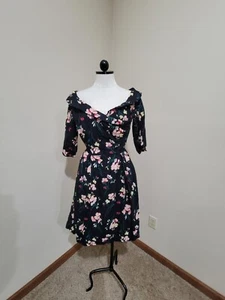 RARE Emily and Fin Bardot Dress with sleeves black floral off shoulder sz Medium - Picture 1 of 6