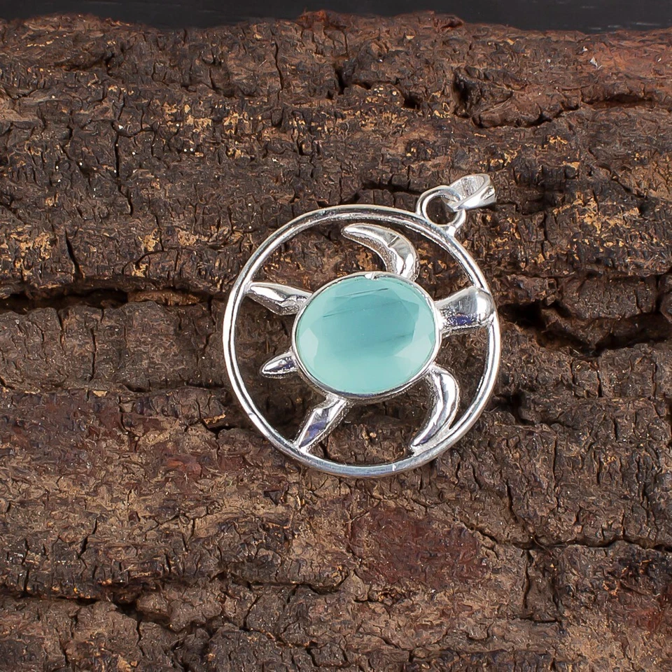 Colgante con forma de tortuga y joyas de plata de ley 925 con piedras preciosas de calcedonia aguamarina 1,18" Foto 1 de 1