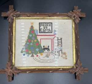 Vtg Hand Made Peace on Earth Christmas Tree needlepoint in original pic frame - Picture 1 of 3