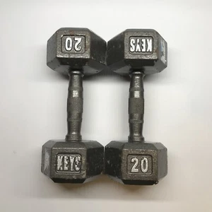 Set Of 2 20lb Keys Fitness Cast Iron Hex Dumbbells One Pair Great Shape - Picture 1 of 6