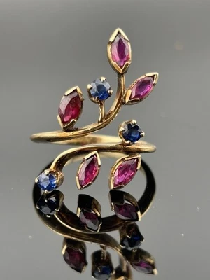 Unique 10k Yellow Gold Ruby & Sapphire Leaf Vine Bypass Ring Marquis Leaves Sz 5 - Image 1 of 4