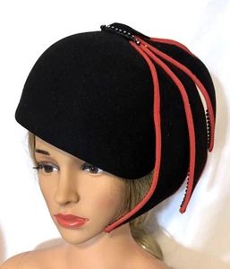 Unique Jack McConnell Boutique Black Wool Hat Red Trim Rhinestones 1950s USA - Picture 1 of 7