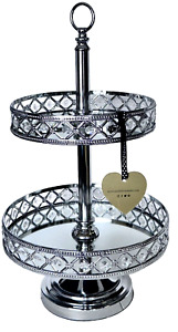 Dessert Stand Silver 2-tiered Mirrored Inside Rim w/Crystals - Opulent Treasures