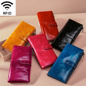 Cartera sin asas larga de cuero genuino para mujer con bloqueo de RFID titular de tarjeta de identificación vintage A - Imagen 1 de 17