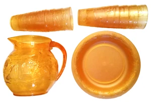 Orange Plastic Dishes LOT Sea Shell Dinner Lunch Plate Tumbler PITCHER Serves 8 - Picture 1 of 6