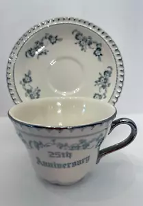 Ensemble soucoupe tasse à thé porcelaine Chine 25ème anniversaire argent Elynor Chine vintage - Photo 1 sur 12