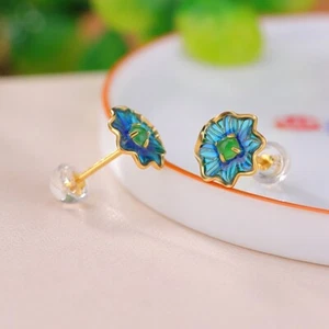 Qxx Orecchini Fiore Con Blu Blüteblättern Verde Giada Argento 925 Placcato Oro - Foto 1 di 4