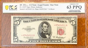 1953A US Note Legal Tender Star Note $5 Fr. 1533* PCGS Banknote 63 PPQ - Picture 1 of 2