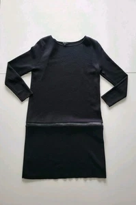 COS Black Merino Wool Dress XS Minimalist Tunic Long Sleeve Faux Leather Trim - Picture 1 of 6