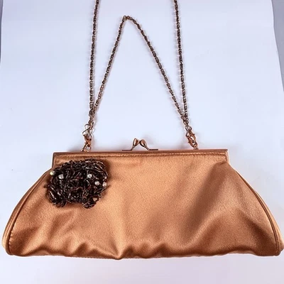 Vintage Carlo Fellini Bronze Satin Beaded Evening Clutch Purse Kiss Lock Bag - Image 1 of 4