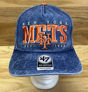 New York Mets Hat '47 Brand Hitch Denim Embroidered Spellout Snapback MLB Cap - Picture 1 of 10
