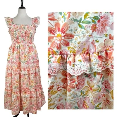 HAUTE HIPPIE Pink Floral Smocked Eyelet MAXI DRESS 12 Cottagecore Coquette - Image 1 of 4