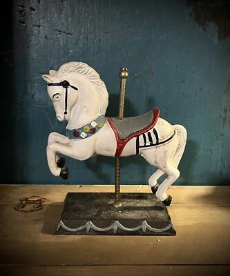 Cast Iron Carousel Horse Figure / Door Stop w Brass pole in center 7 1/2" tall - Image 1 of 4