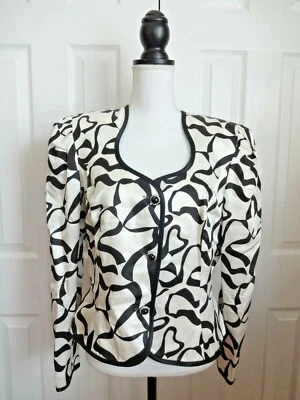 Винтажный LESLIE FAY вечера женщин 14 черный слоновой кости геометрический наплечные подушечки кнопка Топ - Изображение 1 из 4