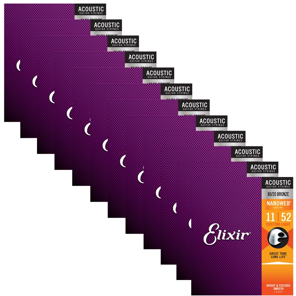 Elixir Nanoweb 80/20 青铜定制光原声吉他弦 11-52 12 件装 — 第 1/1 张图片