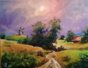 Quadro "Mulino a vento". Olio su cartone. 8x10 inc. Fatto a mano. 2025. Senza cornice. - Foto 1 di 1