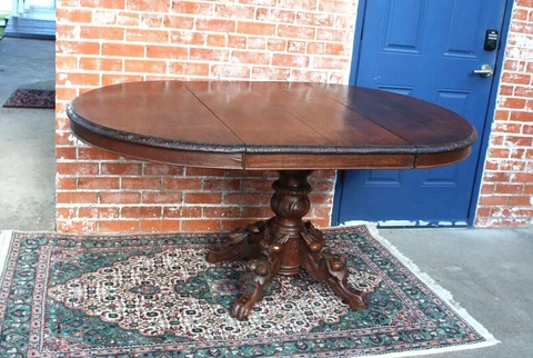 French Antique Oak Renaissance Oval Hunt Scene Dining Table With Leaf Cover