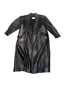 Peter Caruso Leather Jacket Trench Coat Long Black Vintage Size 6 Womens - Picture 1 of 5