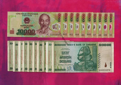 10 x 50 Million Dollars Zimbabwe + 10 x 10,000 Vietnam Dong Currency Paper Money - Image 1 of 4