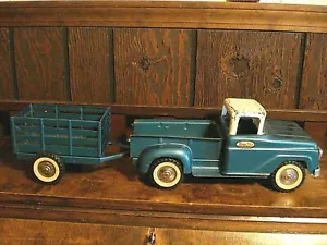 Vtg. 1959 Tonka Farm Truck & Stake Trailer-Blue Green Pressed Steel - Picture 1 of 11