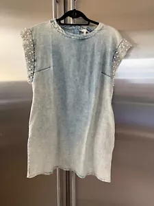 NWT Women Loose washed Denim Dress Short Sleeve WITH PEARLS - Picture 1 of 7