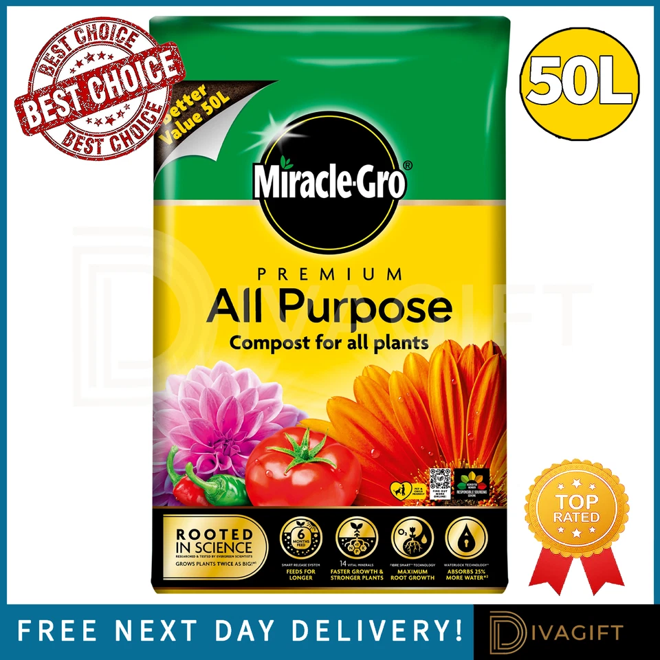 MIRACLE-GRO MIRACLE GRO ALL PURPOSE COMPOST SOIL PREMIUM GARDEN FOR ALL FLOWERS & PLANTS 50L