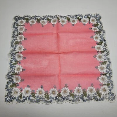 Pañuelo de diseñador firmado por Kreier Hankie Hanky rosa floral algodón festoneado  Foto 1 de 4