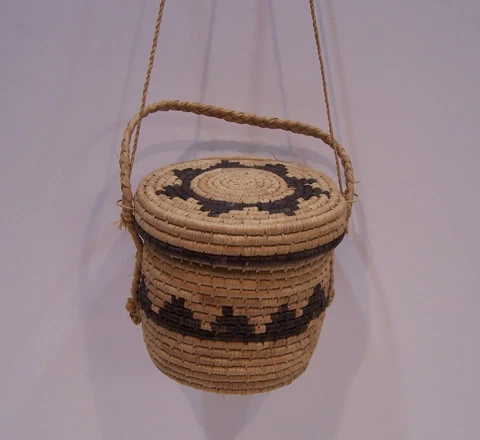 Vintage Round Spiral Handwoven Hanging Basket/Purse with Lid 2 Handles Two-tone Cover