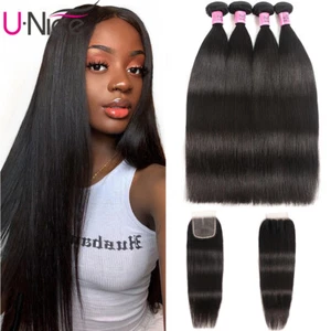 UNice Cambodian Straight 4 Bundles Human Hair Extensions With Lace Closure Weave - Picture 1 of 11