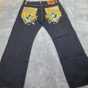 Vintage 2000's Denim Jeans with Rhinestone Skull Decals Size 38 EUC - Picture 1 of 15