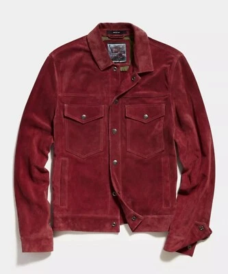 Leather Trucker Jacket Men Burgundy Pure Suede Custom Made Size S M L XL XXL-237 - Image 1 of 4
