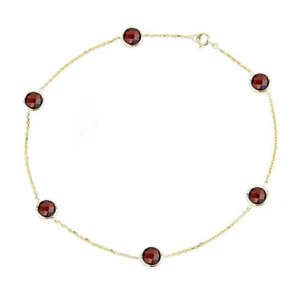 14K Yellow Gold Anklet Bracelet With Garnet Gemstones 11 Inches - Picture 1 of 1