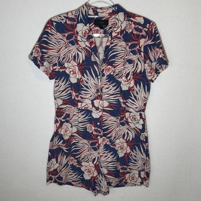 J.Crew Red White Blue Floral Hawaiian Print Linen Blend Romper Tropical Size 8 - Image 1 of 4