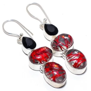 Quarzo rutilato rosso, onice gemma argento sterling 925 orecchino gioiello 2,5" - Foto 1 di 1