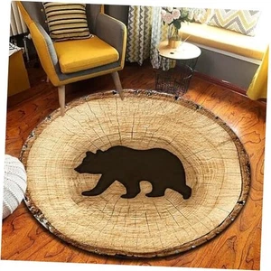 Schwarzbär Rund Vorleger Baum Ring Teppiche Rustikal Holz Struktur Druck Fußmatte - Bild 1 von 6