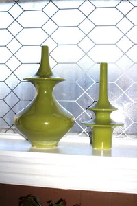 2 Mid Century Style Global Views Minaret Vases Sage Green - Picture 1 of 4