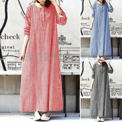 ZANZEA AU Women Long Sleeve Check Plaid Loose Waist Casual Beach Maxi Dress Plus - Image 1 of 4