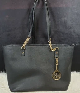Michael Kors Black Leather w/Gold Chain & Leather Handle Large Tote/Shoulder Bag - Picture 1 of 12