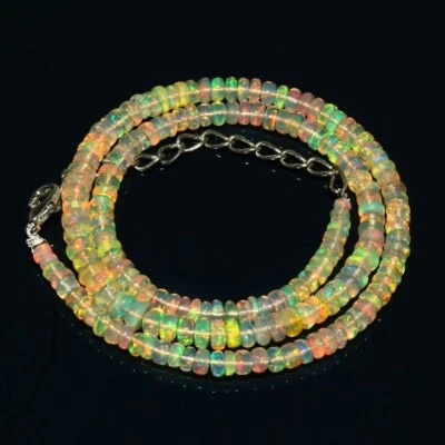 Collana in argento sterling 925 con perline di rondelle opale etiope fuoco, 3... - Immagine 1 di 4