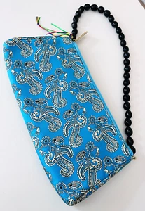 Pineda Covalin Blue Silk Shoulder Handbag Paisley Floral Black Beaded Strap NWT - Picture 1 of 20