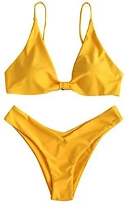 Conjunto de bikini de corte alto con correa de espagueti frontal con nudo de corbata para mujer traje de baño amarillo S - Imagen 1 de 1