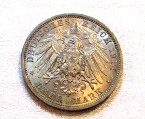 1914-A Germania Impero 3 marchi moneta d'argento Guglielmo II di Prussia grado migliore - Foto 1 di 5