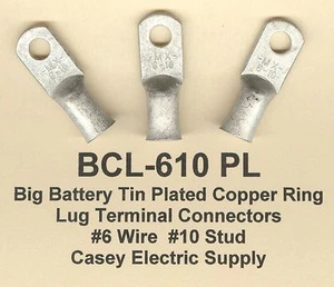 10 Big TIN PLATED Copper RING Lug Terminal Connectors #6 Wire Gauge #10 Stud - Picture 1 of 2