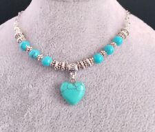 Turquoise Heart On Heart Chain Bead Necklace. Handmade In Pillow Gift Box