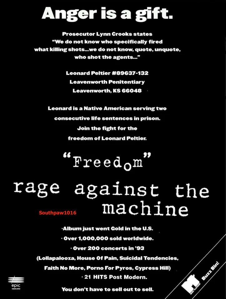 1994 Rage Against The Machine "Freedom" Song Release Industry Promo Reprint Ad - Image 1 of 1