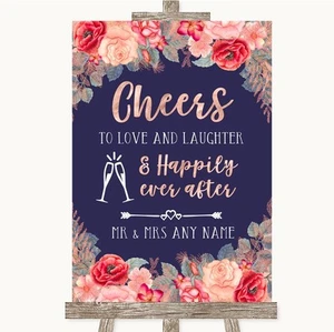 Navy Blue Blush Rose Gold Cheers To Love Personalised Wedding Sign - Picture 1 of 8