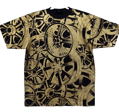 复古 ID Brands 衬衫男式 XL 赛车轮胎金色黑色 AOP Streetwear Bold — 第 1/4 张图片