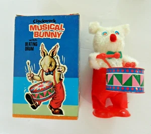 Vintage Brand NEW Musical Bunny Rabbit ~ Wind Up Toy ~ Beats Tin Drum, WORKS - Picture 1 of 5
