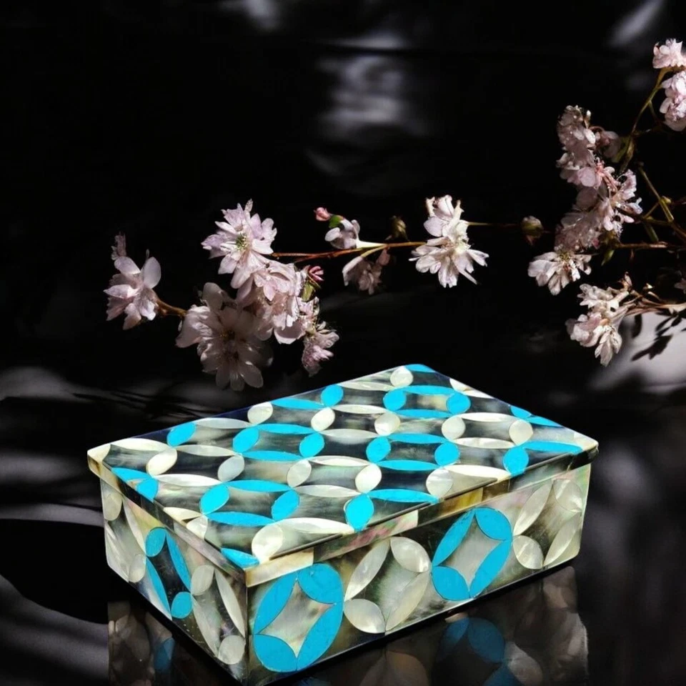 6 x 4 x 2 дюйма белый мрамор швабра и бирюзовый камень ювелирная шкатулка роскошный подарок для свадьбы - Изображение 1 из 4